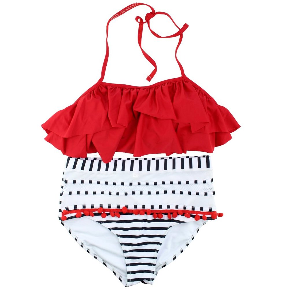 NEW Women's Striped Pom-pom Semi Sheer Ruffled High Rise Bikini - Red & White